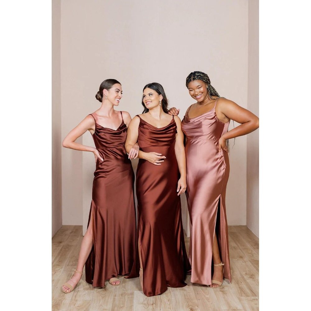 Revelry Sky Gown Size 2 Terracotta Rust Slip Dress Cowl Neckline Double Slits